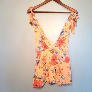 Forever 21 V-neck‎ Babydoll Shoulder Tie Floral Tank Top Blouse Womens Size S